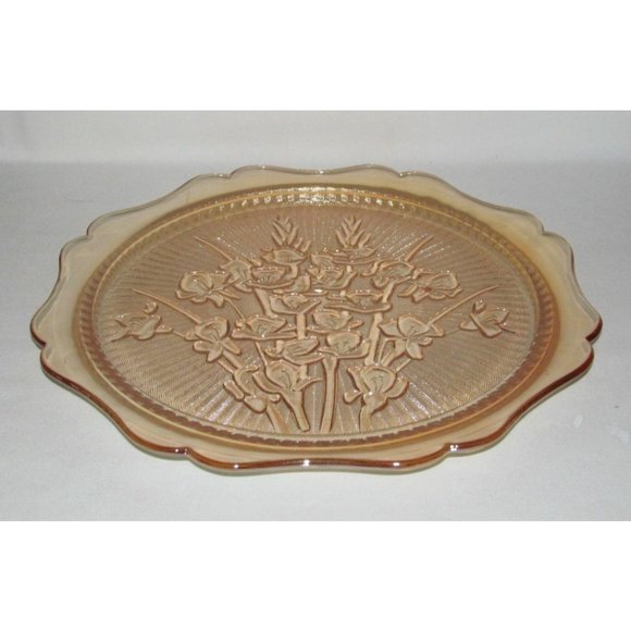 Jeannette Glass IRIS AND HERRINGBONE Marigold Iridescent Large Sandwich Plate - Picture 1 of 3